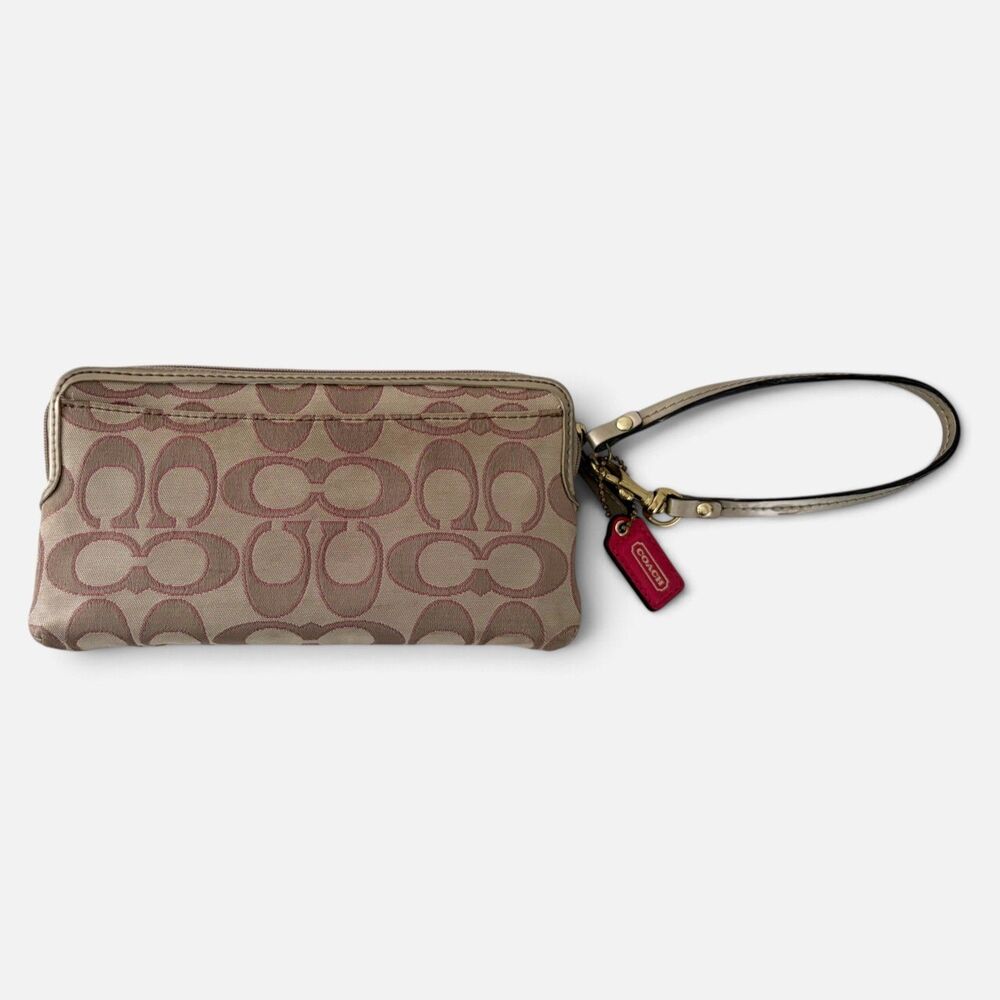 COACH Signature C Poppy Canvas Wristlet Wallet Khaki Tan Pink Double Zip 47897 - Picture 2 of 4